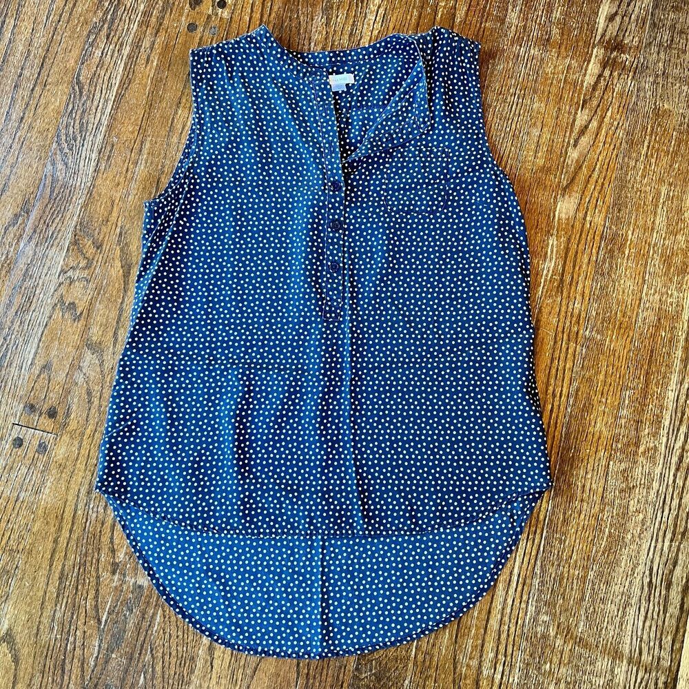 Garnet Hill women's 8 blue 100% silk polka dot button down natural fiber tank